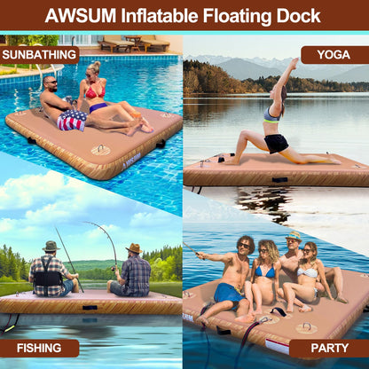 AWSUM Inflatable Floating Dock 8ft x 6ft Air Water Mat Inflatable Island Swim Platform with Non-Slip Wood Surface for Pool Beach Ocean Lake