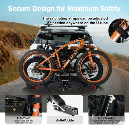 Ebike Rack with Ramp for 2 E-Bikes 200 lbs Capacity Fits 5" Fat Tire, Hitch Bike Rack for Cars SUVs Trucks with 2" Receiver, Foldable Tilting Locking No Assembly Needed E-Bike Platform Carrier