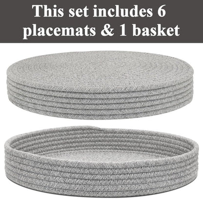 Round Placemats Set of 6 with Holder, Cotton Rope Woven Place Mats, Hot Pads for Kitchen, Heat Resistant Table Mats, 13 Inch Farmhouse Washable Braided Placemat for Kitchen Decor (Gray)