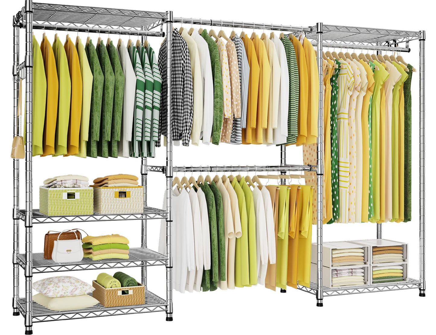 Ulif E1 Heavy Duty Closet Garment Rack, 6 Tiers Adjustable Metal Freestanding Expandable Clothing Storage with 4 Hanger Rods, Easy to Assemble Wardrobe, 71.4" H x (70" - 88.2") L x 14" D, Chrome