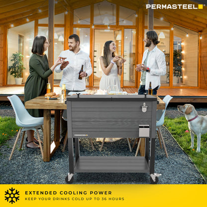 Permasteel Party Cooler with Divider, Spacious 80-Qt Capacity, Chills 36hrs, Rolling Ice Chest for Indoor and Outdoor Entertainment, Wood Grain Finish, Gray