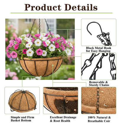 EIMQUVW Outdoor Metal Hanging Planters Basket (4pack, 12 inch) Hanging Baskets for Plants Chain Round Wire Plant Holder with Coco Fiber Liners for Garden, Patio, Deck, Porch
