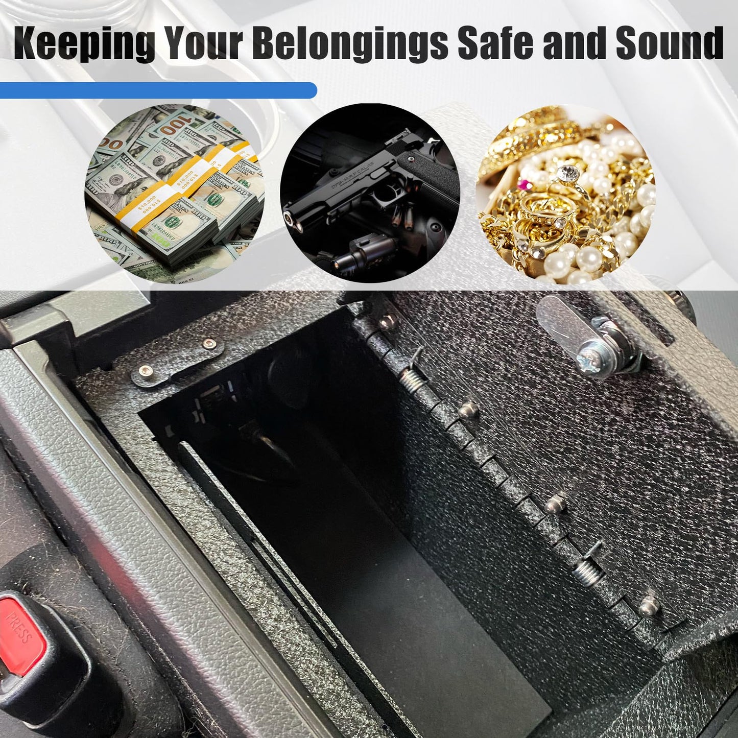 Center Console Gun Safe Vault - WASAI Premium In-vehicle Console Lock Box Compatible with Ford F-150 2021-2024, Fingerprint Lock with Key.