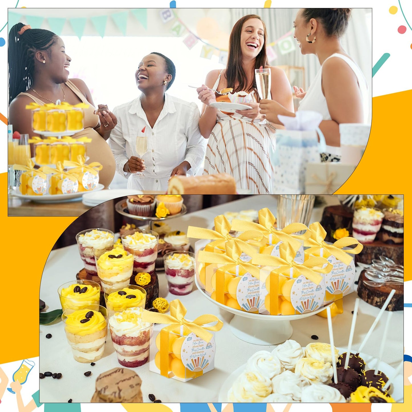 MTLEE 24 Sets Here Comes the Son Baby Shower Favors Small Bubble Candle for Guests Tea Candles Bulk with Stylish Ribbons Cards Gifts Party Decoration(Yellow, Sun)