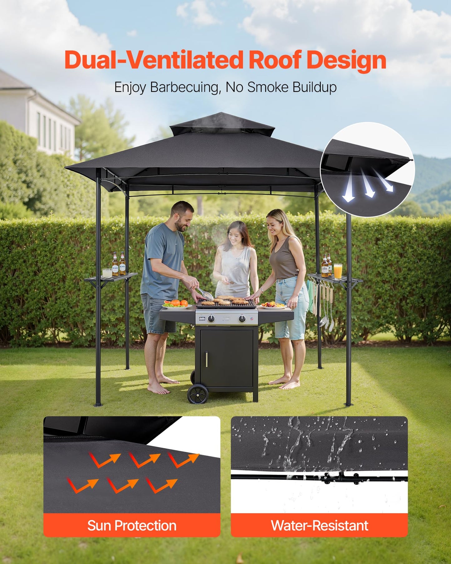 VEVOR Grill Gazebo, 8 x 5 ft Outdoor BBQ Gazebo with Double-Tiered Roof, Powder-Coated Steel Patio Grill Shelter with 2 Side Shelves & 8 Hooks, Grilling Canopy for Patio Backyard Garden Picnic