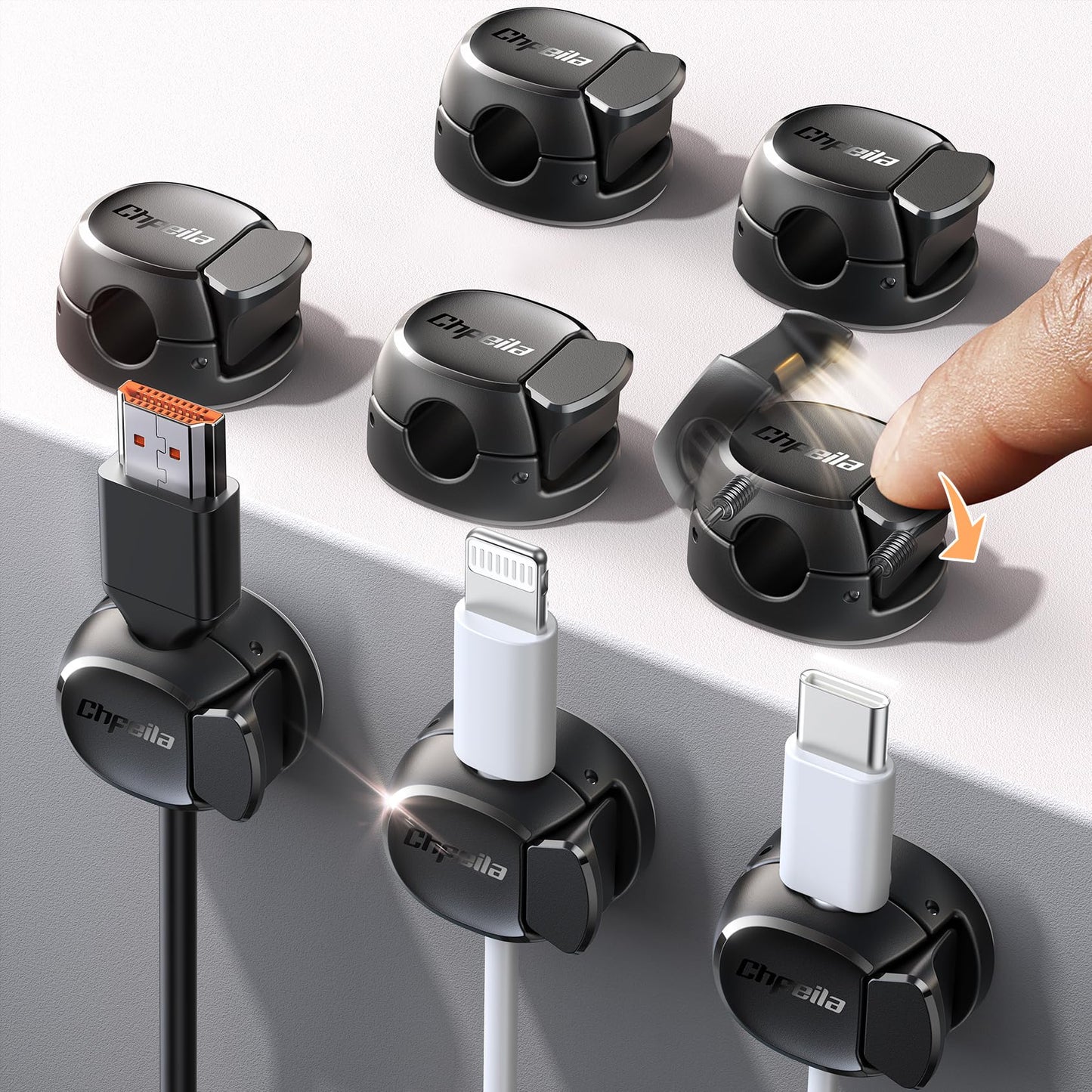 8Pack Cord Organizer [Dual Spring & Clasp, Max Secure] Cable Clips - Chfeila Cable Management, Adhesive Phone Charging Wire Holder for Nightstand/Wall, Home Office Desk Accessories Decor Essentials