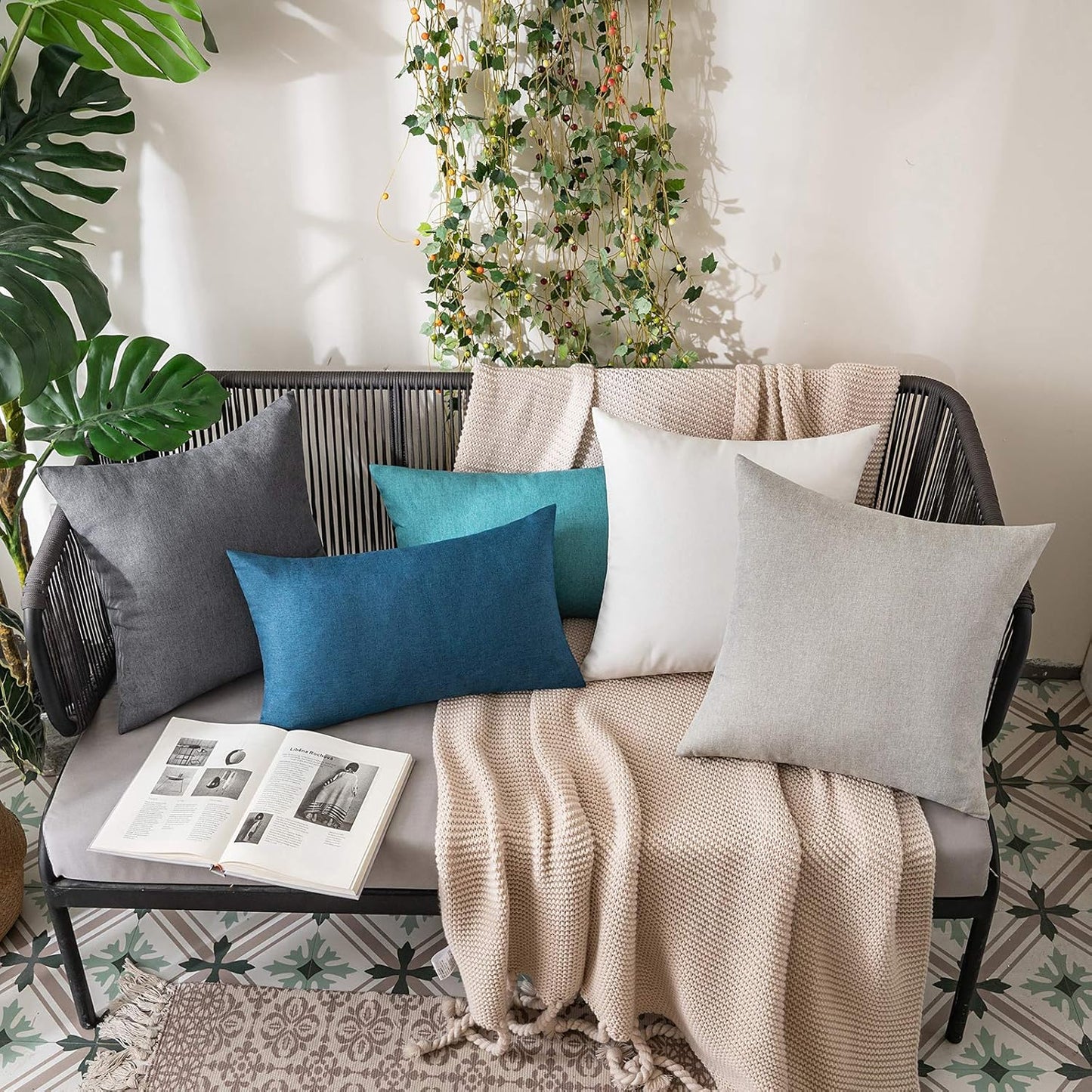 MIULEE Decorative Outdoor Throw Pillow Covers - Waterproof Faux Linen Cushion Cases | 26x26 Inch Dark Grey (Pack of 2)