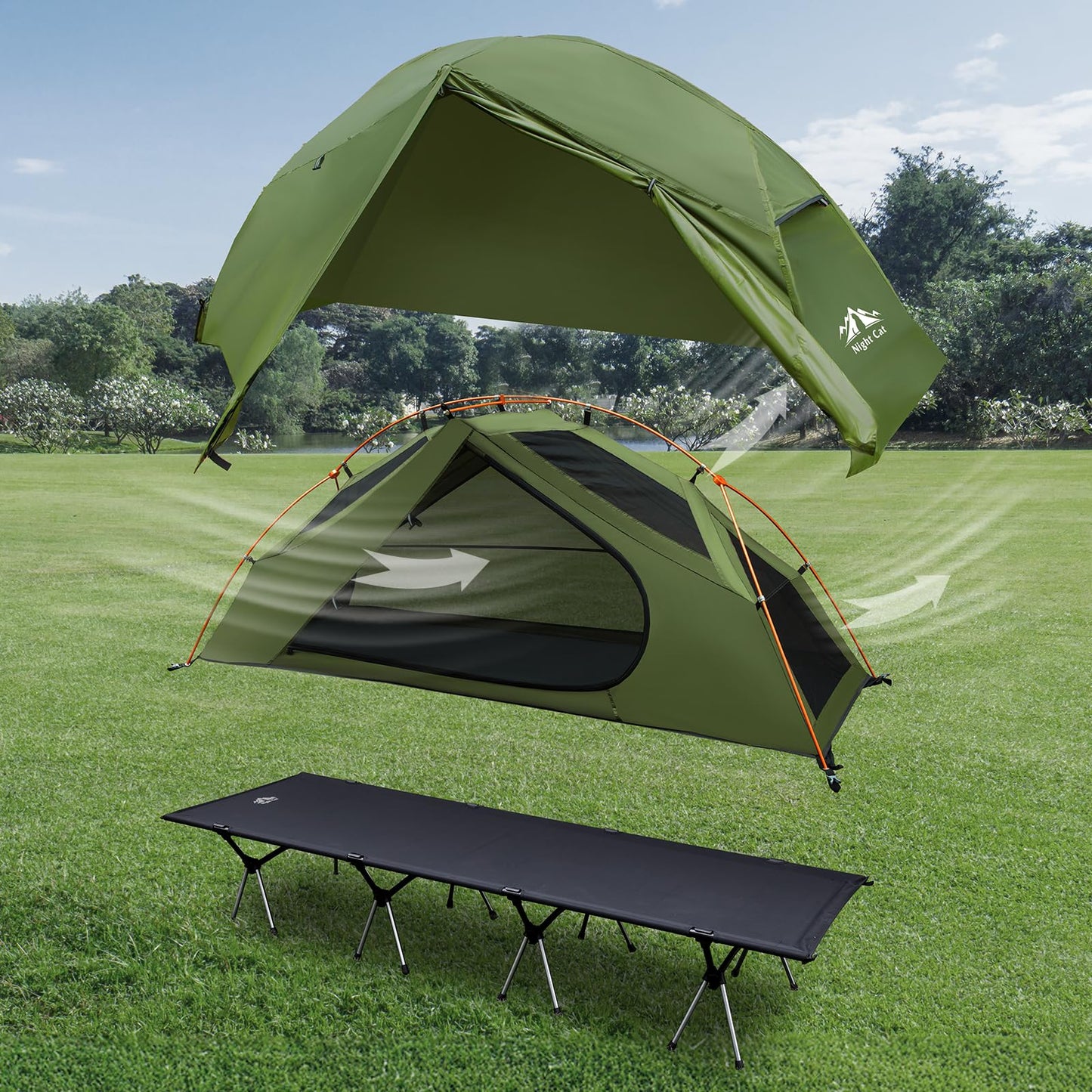 Night Cat Camping Cot Tent - Waterproof 1-Person Off-Ground Combo Cot Bed for Adults Portable Easy Set-up Tent Green 31.5'' Width
