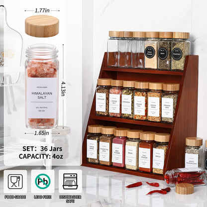 DWTS DANWEITESI 36 Pcs Glass Spice Jars - 4oz With Bamboo Lids, Empty Bottles With Labels, Kitchen Spice Jars With Shaker Lids
