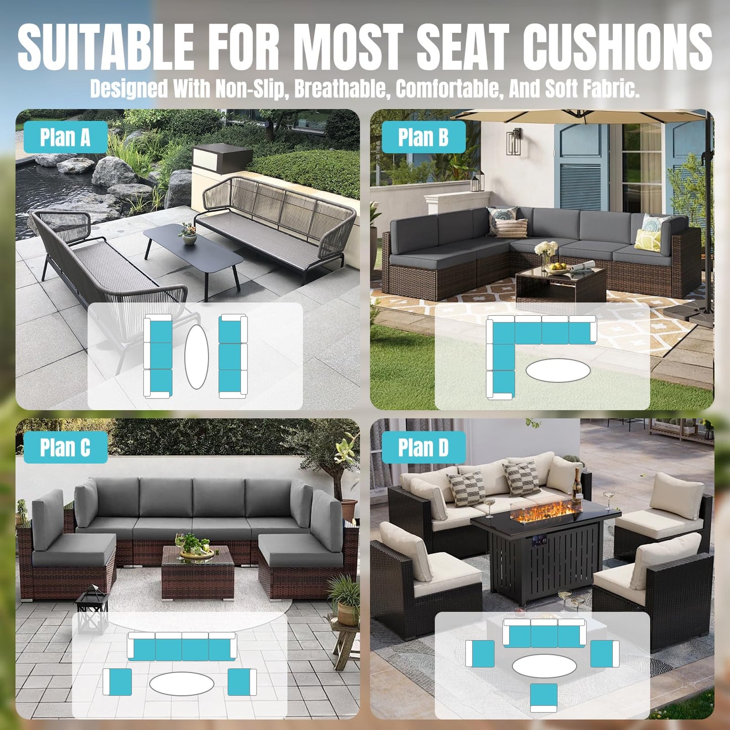 Cabubra 14pcs Outdoor Patio Furniture Cushion Covers, Waterproof & Sun-Resistant Zippered,Fit for Patio Furniture Sectional Sofas and Wicker Rocking Chairs,3 Sizes,Lake Blue,Covers Only