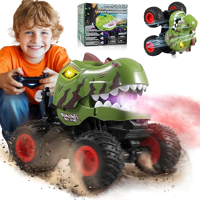 BEZGAR Monster Truck Toys - Remote Control Monster Truck with Spray Light Music Dinosaur Toys for Kids 1:20 Scale RC Truck with 360° Spins and Drifting Remote Control Car for Boys 4-7 Camo Green