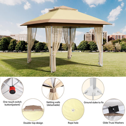 10x10 Pop Up Gazebo Tent with Mosquito Netting & Water,Resistant Oxford Canopy with Roller Bag,Instant Setup Outdoor Shelter for Backyard, Patio, Parties, Weddings, Outdoor Dining，Beige+Khaki