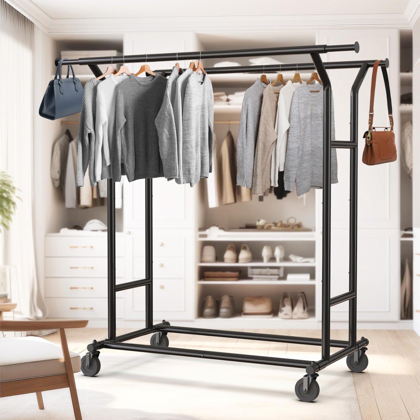 Simple Houseware Heavy Duty Double Rail Clothing Garment Rack, Holds Up to 200 lbs, 43 to 67 Inches Extendable Rod, Black