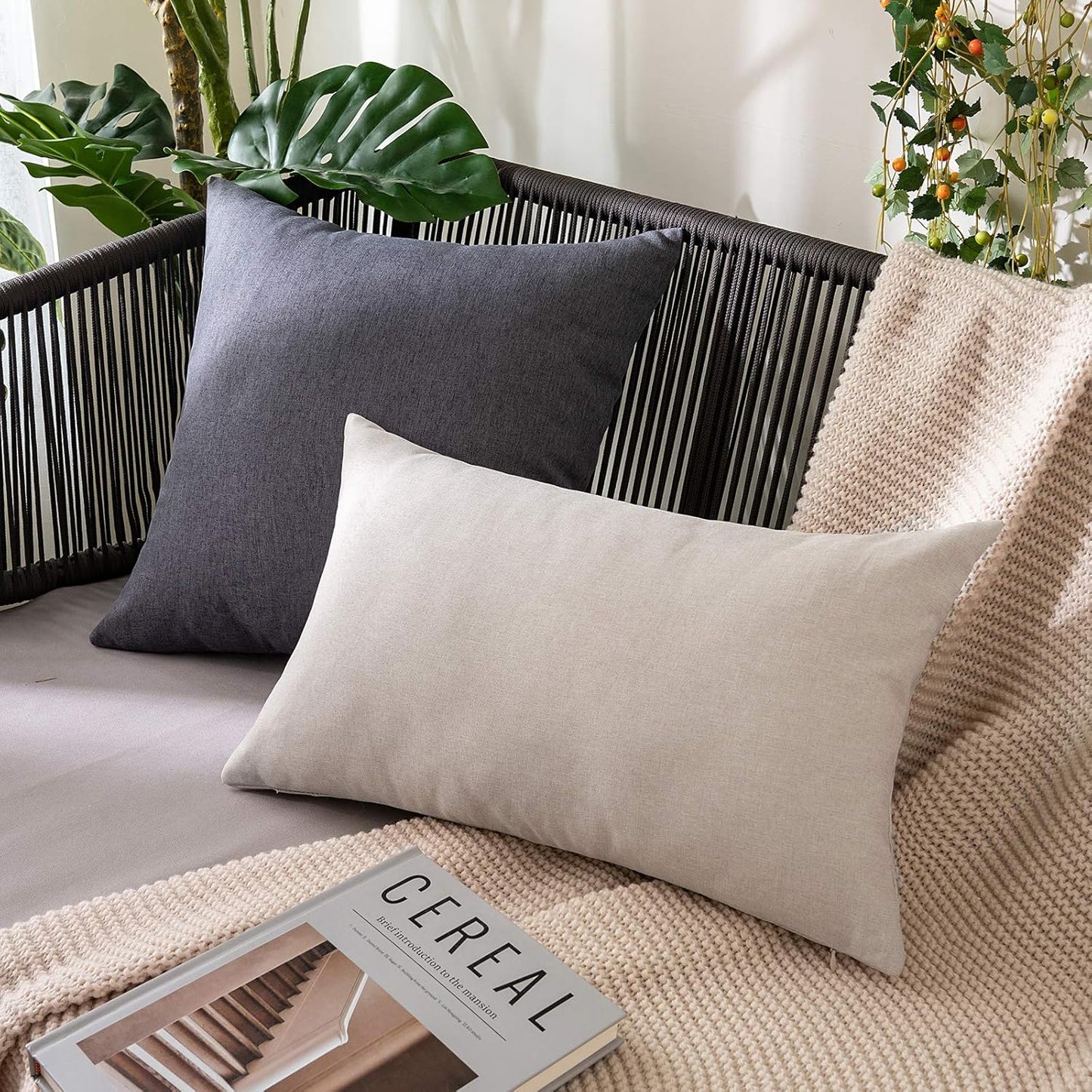 MIULEE Decorative Outdoor Throw Pillow Covers - Waterproof Faux Linen Cushion Cases | 26x26 Inch Dark Grey (Pack of 2)