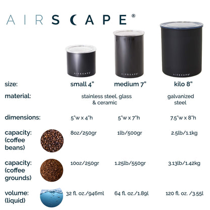 AirScape Steel Coffee Canister Family - Set of 3 - Food Storage Container - US Patented Airtight Lid - Push Out Excess Air Preserve Food Freshness (Matte Black, Small, Medium & Large Kilo)