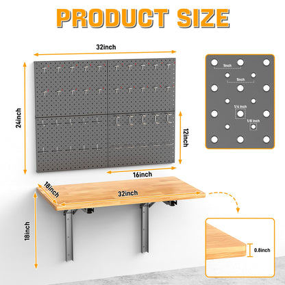 Ultrawall Heavy Duty Folding Workbench with Pegboard – Wall-Mounted Work Table for Garage & Workshop with Accessories