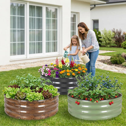 Permade Galvanized Raised Garden Bed- 2Pcs 3x3x1FT Metal Planter Boxes Outdoor | Round Steel Raised Bed Kit & Fire Pit Ring for Gardening with Protective Tape, Gloves for Vegetables, Flower (Green)