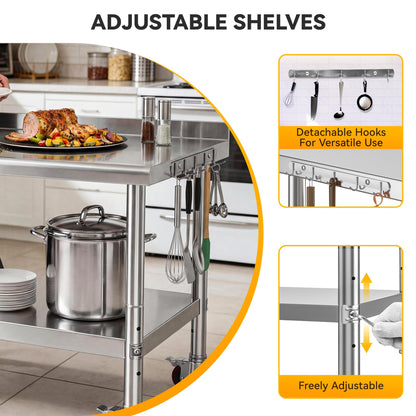 DWVO 30x24in Stainless Steel Table, NSF Metal Prep Worktable with Backsplash & Wheels for Kitchen Restaurant Hotel Garage Warehouse Home