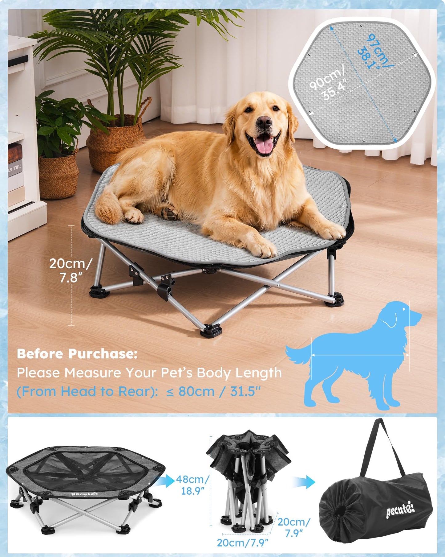 Pecute Elevated Dog Bed with Cooling Blanket, Chew Proof Outdoor Pet Cot for Large Dogs, Tool-Free Assembly & 360° Breathable Mesh for Summer Camping, Orthopedic Joint Support, XL, 38.2×35.4×7.9"