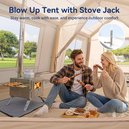 8-10 Person Inflatable Camping Tent with 2 Divider Rooms, Waterproof 300D Oxford Blow Up Hot Tent with Stove Jack, Awning & Skylight, Easy Setup Air Tent with Pump for Family Glamping