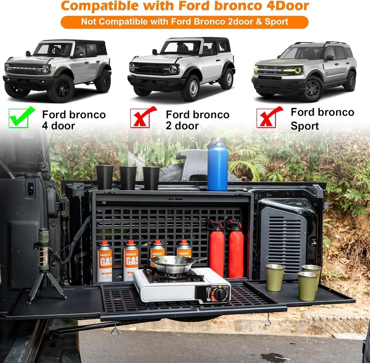 MAIKER Lockable Tailgate Table Compatible with Ford Bronco 2021–2025 4 Doors – Foldable MOLLE Storage Box, Camping Desk & Rear Cargo Shelf (Not for Bronco Sport)