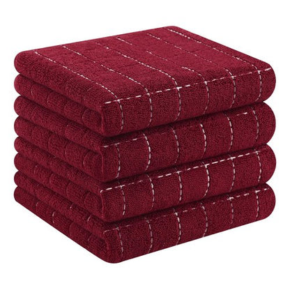 Homaxy 100% Cotton Terry Kitchen Towels(Burgundy Red, 13 x 28 inches), Checkered Designed, Soft and Super Absorbent Dish Towels, 4 Pack