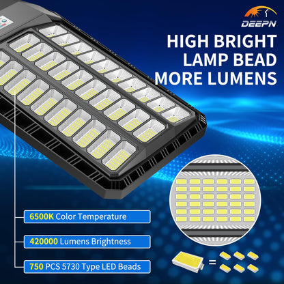 Deepn Solar Street Light, Commercial Grade Solar Lights Outdoor IP67 Waterproof, 8700W LED Flood Security Lights Motion Sensor & Dusk to Dawn Outdoor Lighting for Parking Lots, Streets & Yard, 4 Pack