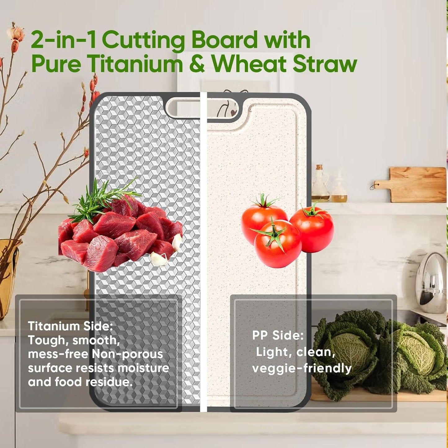 Titanium Cutting Board - Double-Sided Medical-Grade Design | Large Chopping Board with Juice Groove for Meat, Vegetables & Fruits
