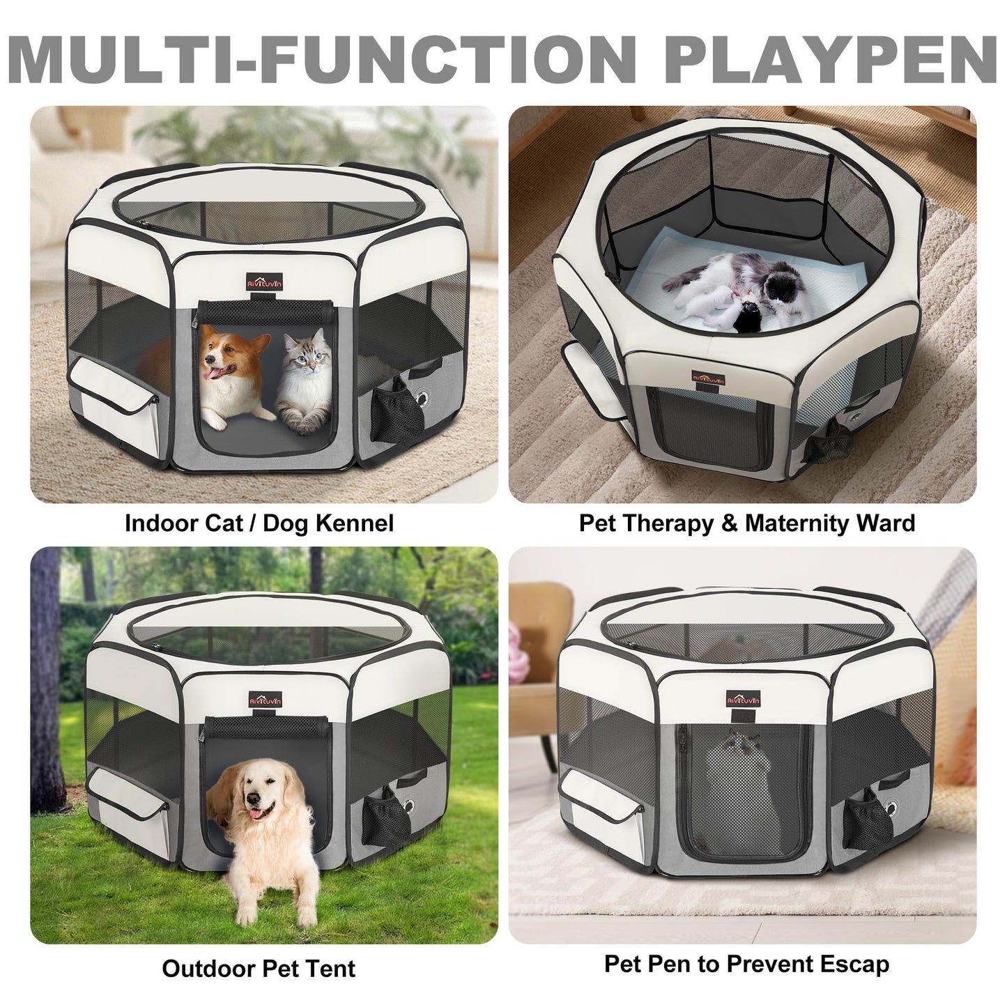 Aivituvin Dog Playpen Foldable Waterproof Pet Play Pens for Cat, Puppies, Rabbits, Chickens, Durable Portable Pet Tent for Travel Camping Indoor/Outdoor Grey XL