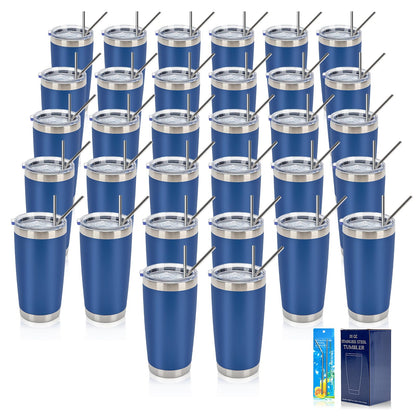 IEOVIEE 32 Pack, 20oz Stainless Steel Bulk Tumblers with Lids and Straws, Double Wall Insulated Travel Coffee Mug, Durable Powder Coated Tumbler Bulk Cup for Cold and Hot Drinks(Dark Blue)