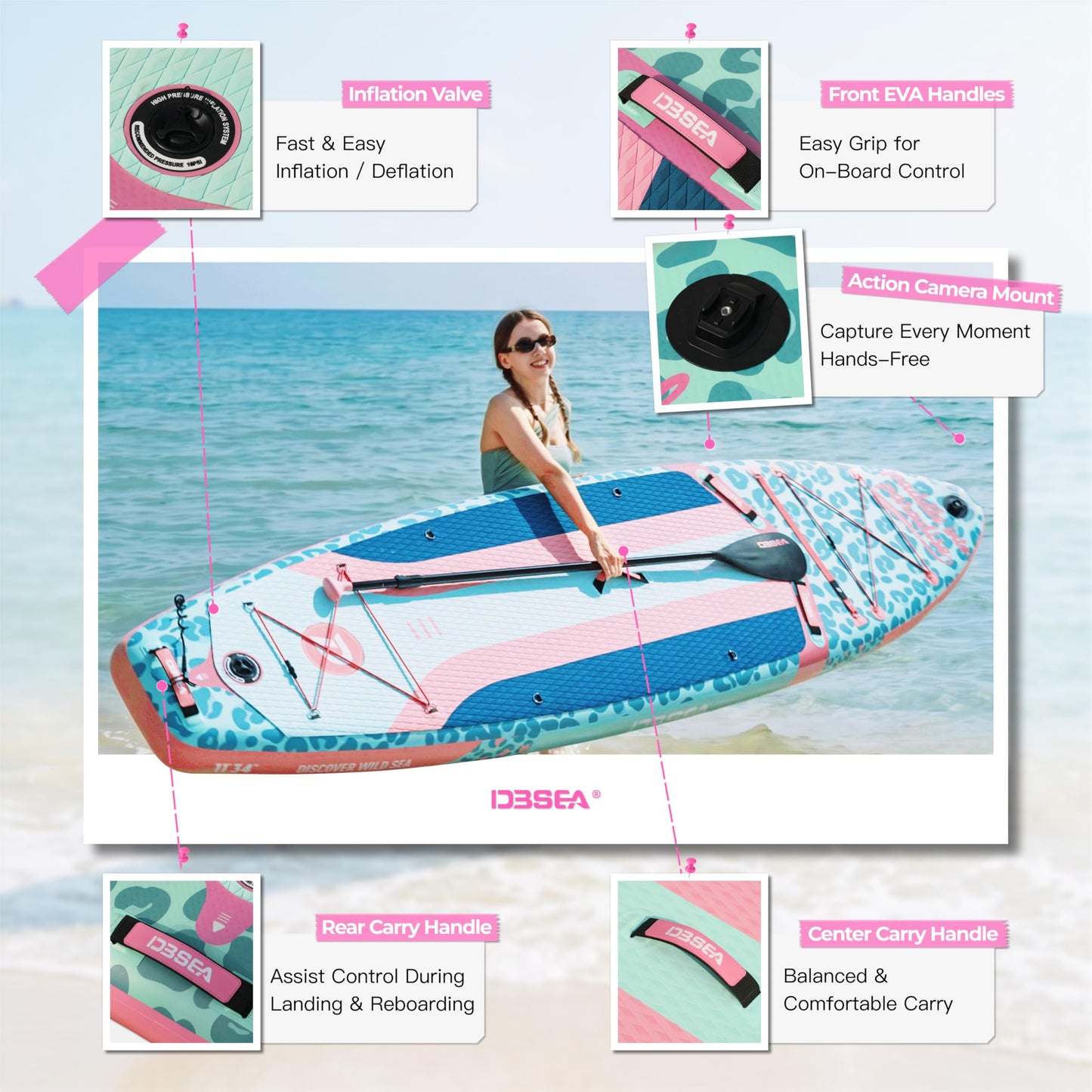 D3SEA 11 ft Inflatable Paddle Board with SUP Accessories, Extra Long Non Slip EVA Deck, Extra Wide iSUP, All Around Paddleboard for Adults &Youth (Seafoam Green Pink Leopard, 11' × 34" × 6")