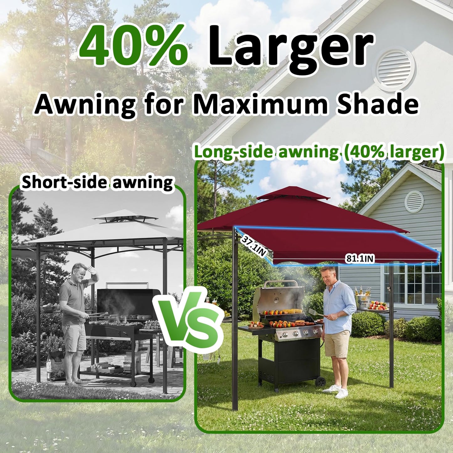 CHARMELEON 8x8 FT Grill Gazebo,Grill Canopy with Big Awning&2 Side Shelves&6 Hooks,Powder-Coated Steel BBQ Shelter for Patio Backyard Outdoor Grilling-Burgundy