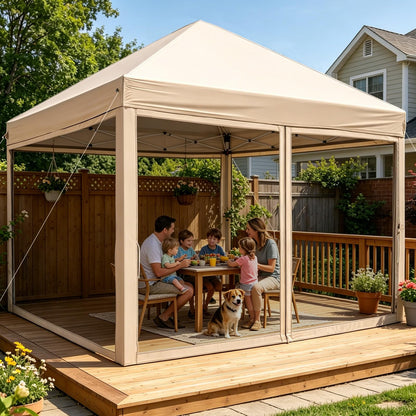 HAVZENO 10x10 Pop Up Canopy Tent with Mosquito Netting, Portable Waterproof Instant Outdoor Screen Shelter, Pop Up Tent for Patio, Backyard, Parties, Camping and Events, Beige