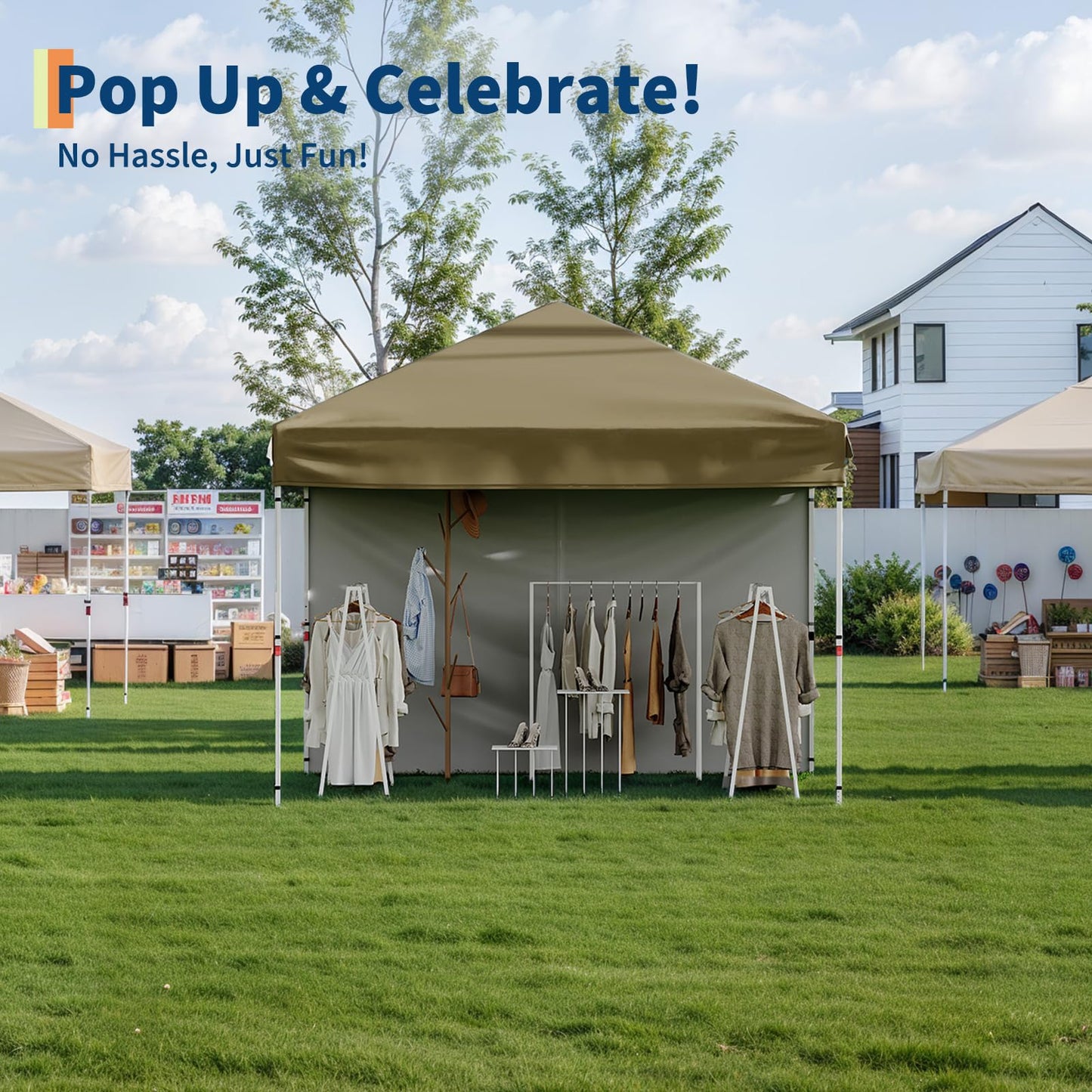 GarveeLife 10x10 Pop Up Canopy with One Button Push Setup - Heavy Duty Outdoor Canopy Tent with Portable Roller Bag - 3 Adjustable Height, 4 Weight Bags, 8 Stakes & 4 Guy Ropes Included, Brown