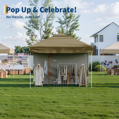 GarveeLife 10x10 Pop Up Canopy with One Button Push Setup - Heavy Duty Outdoor Canopy Tent with Portable Roller Bag - 3 Adjustable Height, 4 Weight Bags, 8 Stakes & 4 Guy Ropes Included, Brown