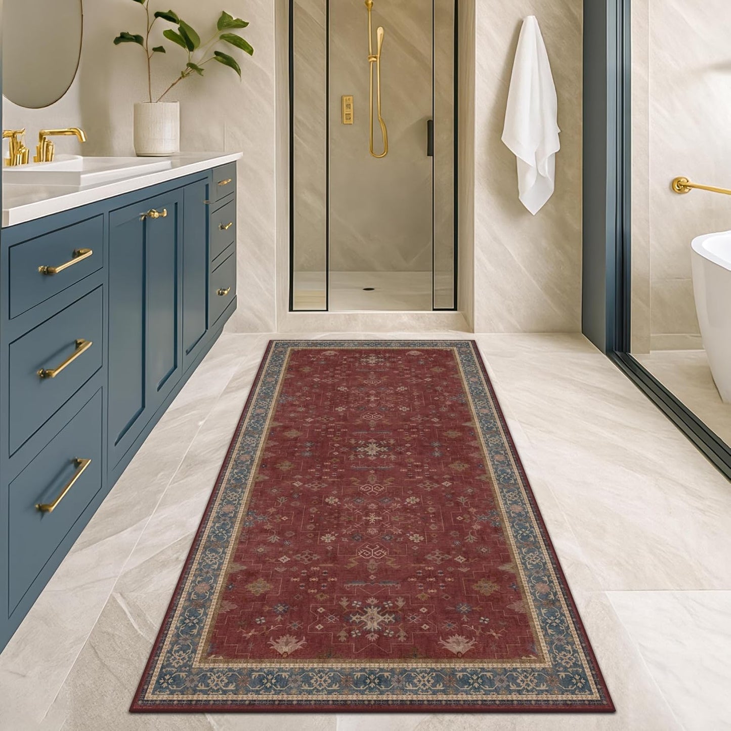 Turkish Kitchen Runner Rugs by [Brand Name] - Non-Skid & Washable | Dark Red, Ideal for Hallway & Bedroom