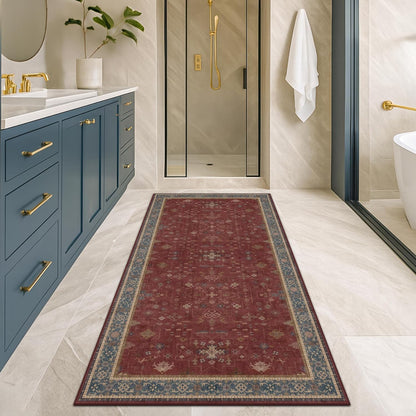 Turkish Kitchen Runner Rugs by [Brand Name] - Non-Skid & Washable | Dark Red, Ideal for Hallway & Bedroom