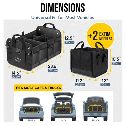 DURABLEZ Trunk Organizer 5-Section Modular XL Car Storage System – Extra Large Cargo Organizer for Car Trunk, Foldable Multi-Compartment Auto Organizer, Heavy Duty Oxford 1680D – Black