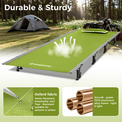 KingCamp Ultralight Camping Cot, Portable Folding Tent Camping Cot, 265 Lbs Heavy Duty Sleeping Cot with Pillow for Adults Outdoor Backpacking Travel Hiking, Green