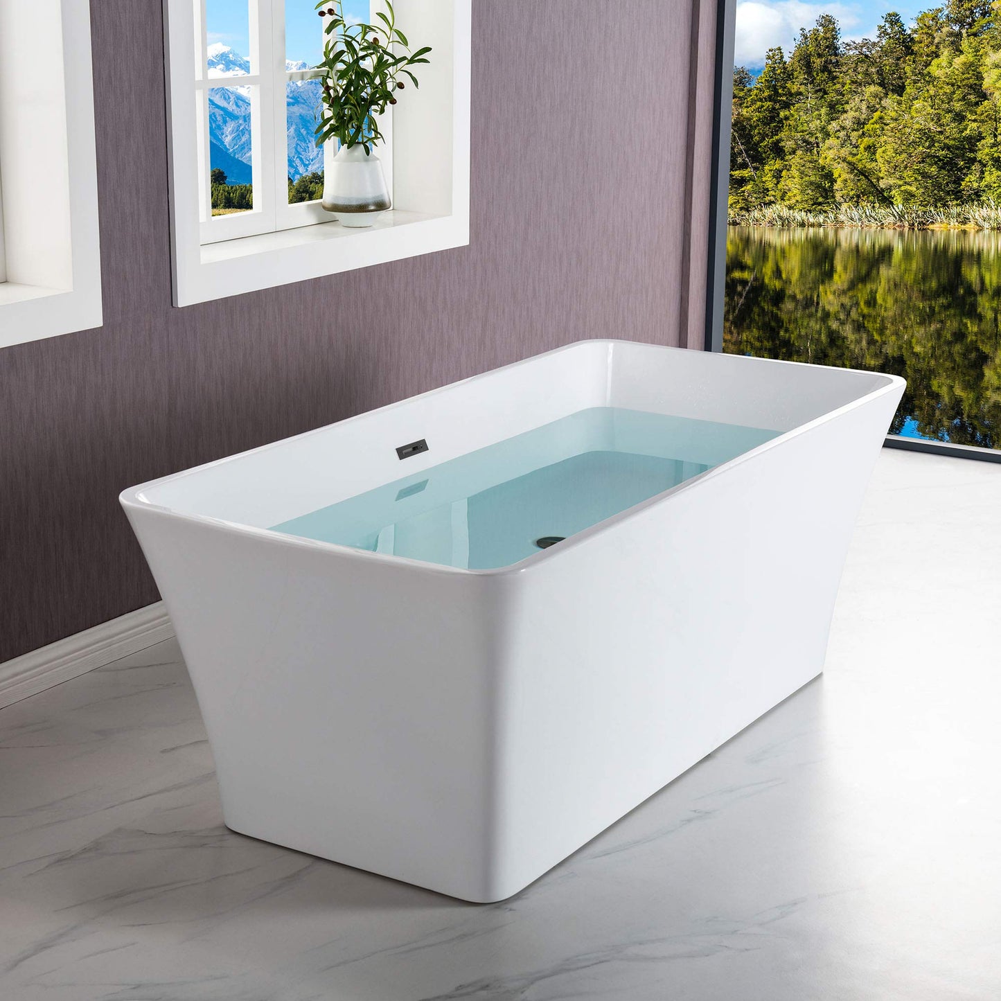 WOODBRIDGE 59" Freestanding White Acylic Soaking Bathtub with Matte Black Drain and Overflow,BTS1509-MB-Drain&O