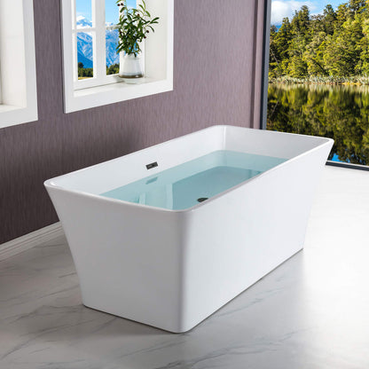 WOODBRIDGE 59" Freestanding White Acylic Soaking Bathtub with Matte Black Drain and Overflow,BTS1509-MB-Drain&O