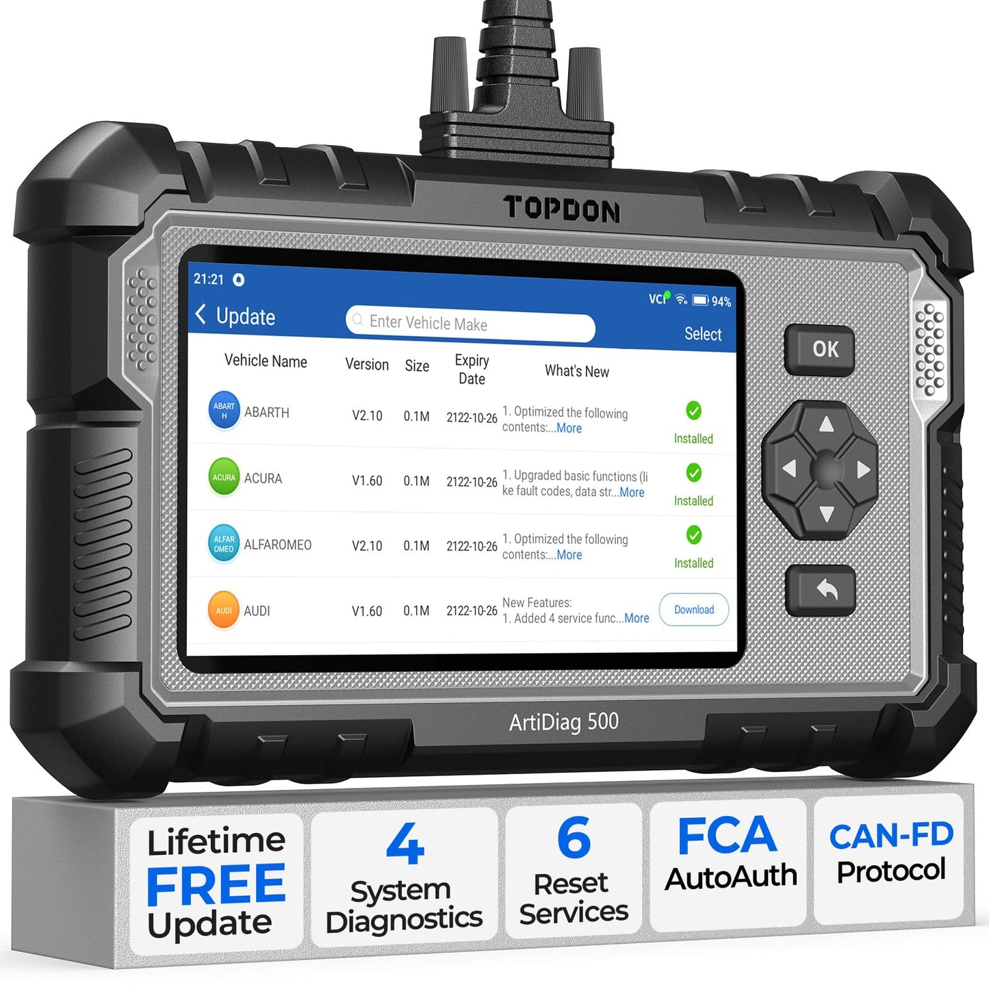 TOPDON AD500 OBD2 Scanner Car Code Reader Scan Tool, Engine ABS SRS Transmission Diagnostics Tool, Oil/Throttle/SAS/TPMS/BMS/EPB Reset Car Scanner, Free Upgrade for DIY