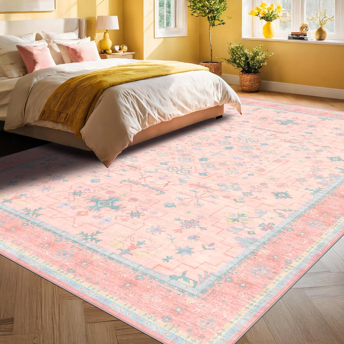 Oushak Rugs | Washable 9x12 Pink and Blue Area Rug - Modern Floral Design, Soft Faux Wool, Non-Slip