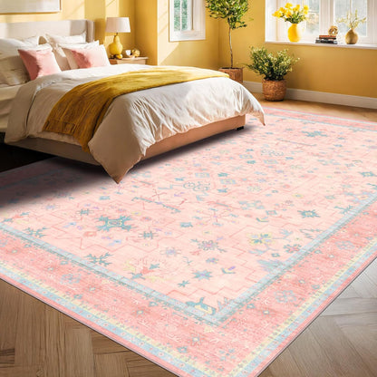 Oushak Rugs | Washable 9x12 Pink and Blue Area Rug - Modern Floral Design, Soft Faux Wool, Non-Slip