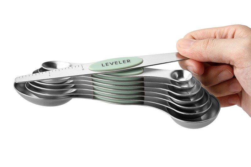 Spring Chef Stainless Steel Magnetic Measuring Spoons Set of 8 with Leveler, Dual Sided Teaspoon & Tablespoon Set, Nesting Metal Kitchen Gadgets for Baking & Cooking, Fits in Spice Jars - Pistachio