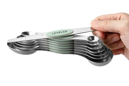 Spring Chef Stainless Steel Magnetic Measuring Spoons Set of 8 with Leveler, Dual Sided Teaspoon & Tablespoon Set, Nesting Metal Kitchen Gadgets for Baking & Cooking, Fits in Spice Jars - Pistachio
