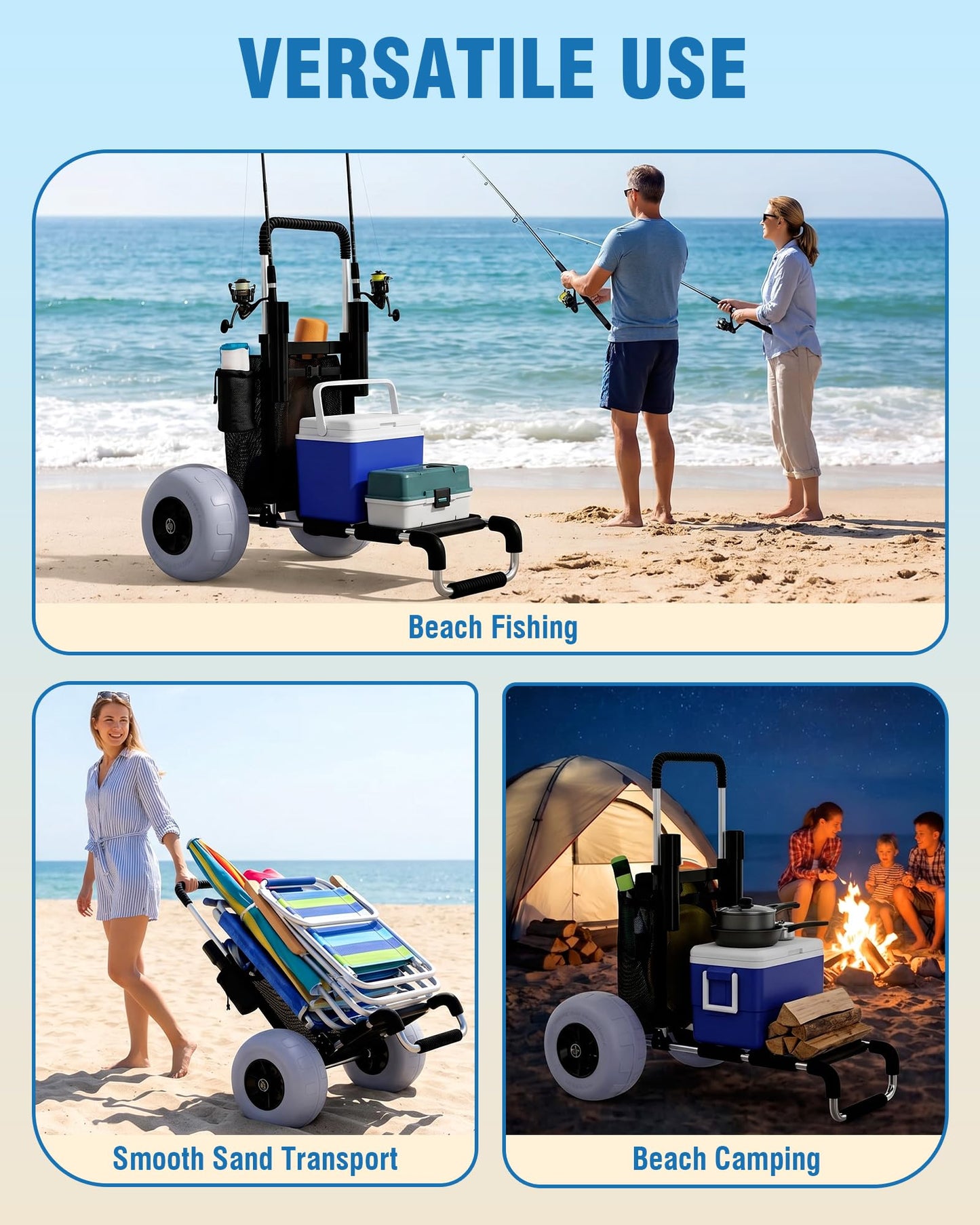 PYY Beach Fishing Cart - 220LBS Foldable Aluminum Beach Wagon Trolley with 13" Balloon Wheels, 23" x 15" Cargo Deck, Fishing Rod Holders, 30" to 40" Adjustable Handle, Heavy Duty Cart for Beach