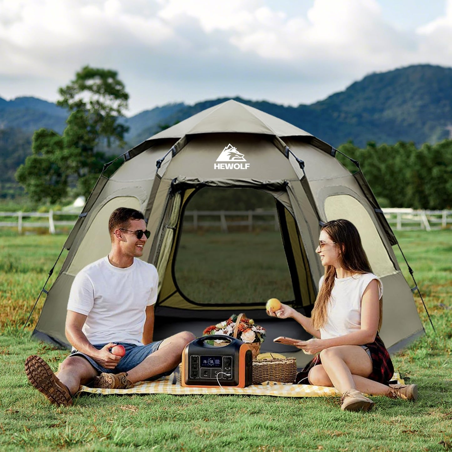 Hewolf 2/3/4 Person Camping Tent - Instant Pop Up Waterproof 2 Doors Tent with Easy Setup | 3-Season Hexagonal Dome Design for Family, Hiking & Traveling (Green)