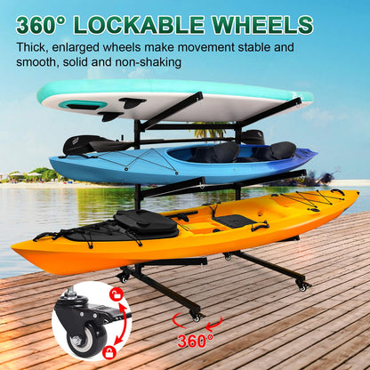 YPJIAJV Kayak Storage Rack with Lockable casters,Thickened Heavy Duty Kayak Stand，Holds 3 Kayaks Canoe Paddleboard, for Indoor, Outdoor, Garage, shed, Marina Kayak Storage Racks