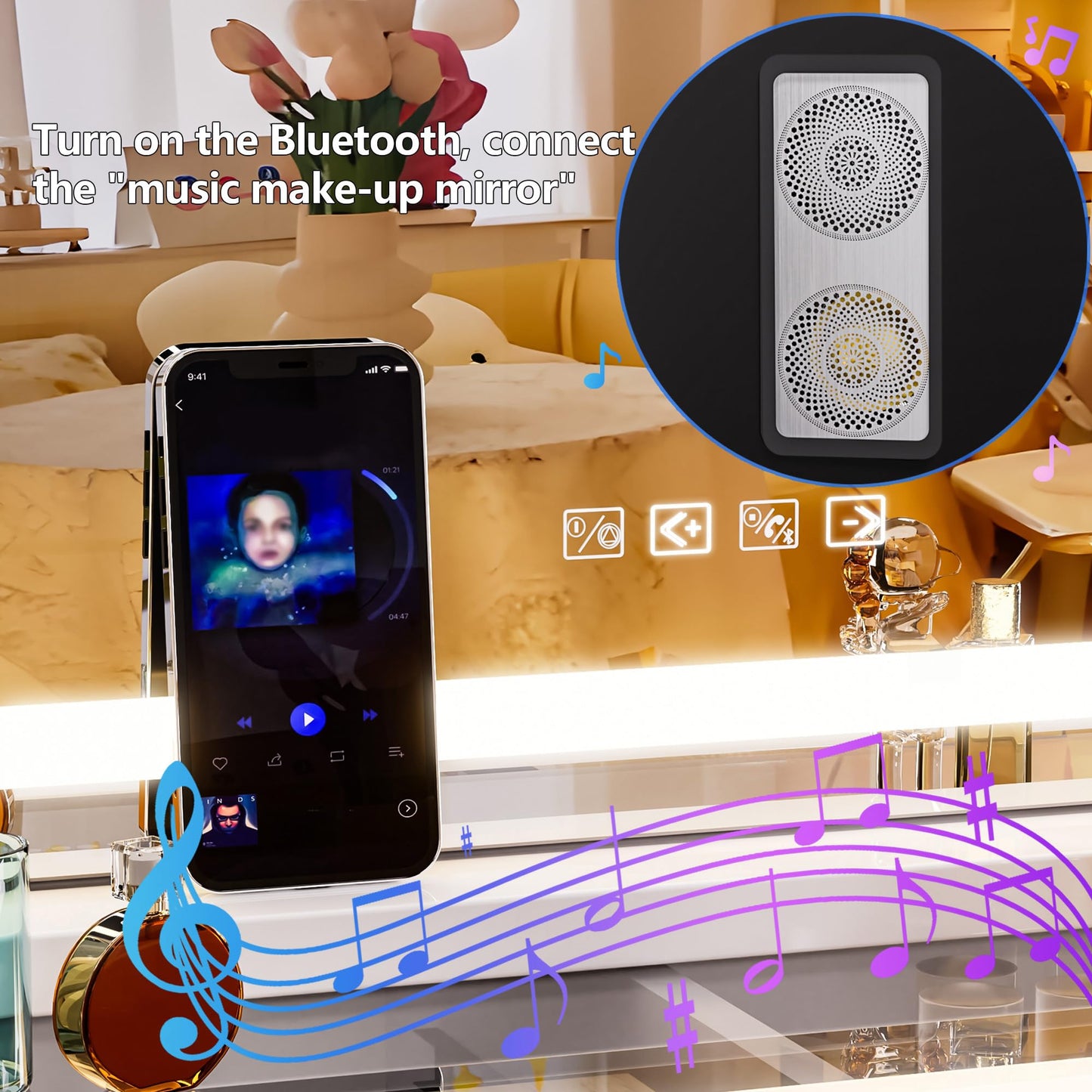 Hasipu Vanity Mirror with Lights and Bluetooth Speaker, 40" x 29.5" LED Makeup Mirror, Lighted Makeup Mirror with Dimmable 3 Modes, USB Charging Port, Square White